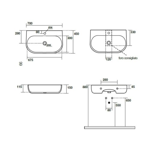 Раковина KERASAN подвесная/накладная с переливом с одним отверстием цвет белый 534201*1