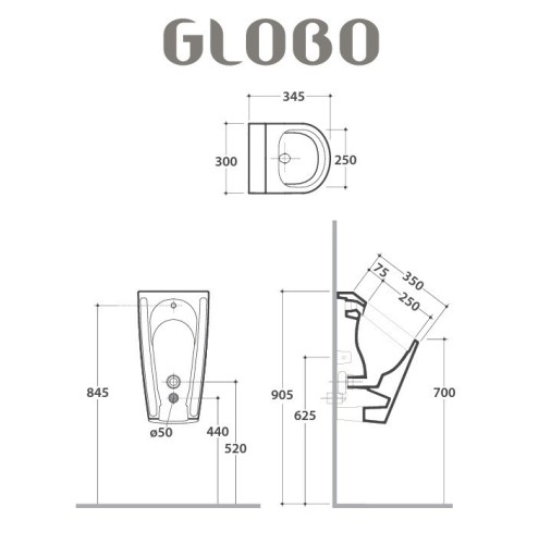 Писсуар GLOBO FORTY3 подвесной с подводкой воды сифоном и креплением цвет белый FO031BI
