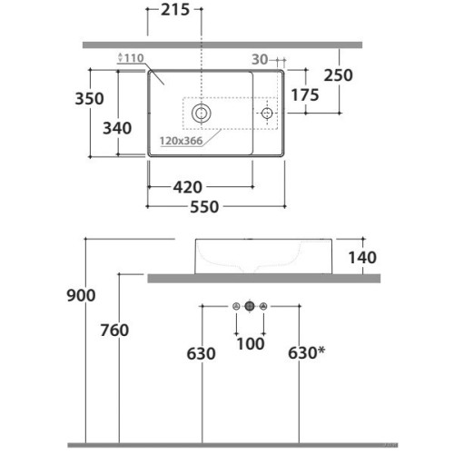 Раковина GLOBO T-EDGE на столешницу с одним намеченным отверстием цвет белый TE055BI
