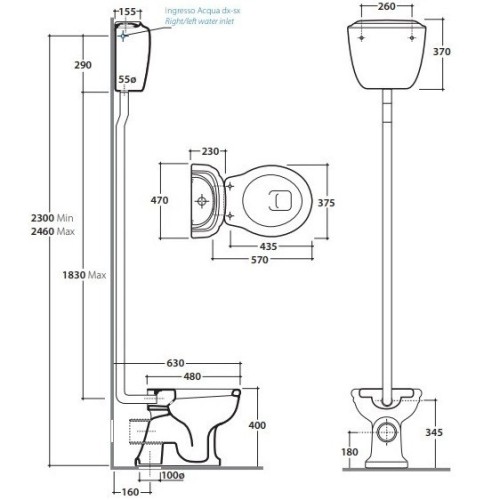 Бачок GLOBO PAESTUM настенный на высокой трубе высокий цвет белый PA010BI