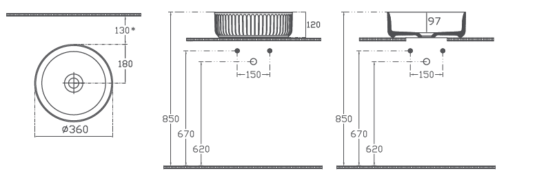 Раковина накладная ISVEA Infinity Ion круглая ?36см, без отв. под смеситель цвет антрацит матовый