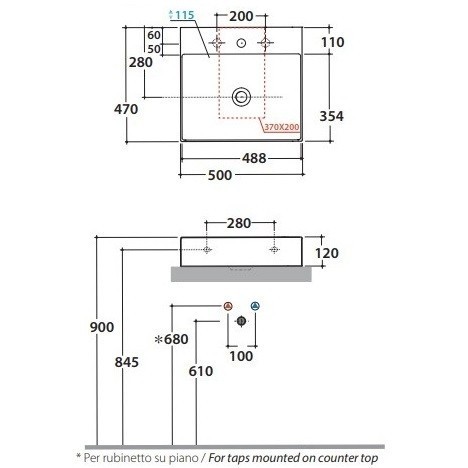 Раковина GLOBO T-EDGE подвесная или на столешницу с одним отверстием и двумя намеченными цвет белый B6R51BI