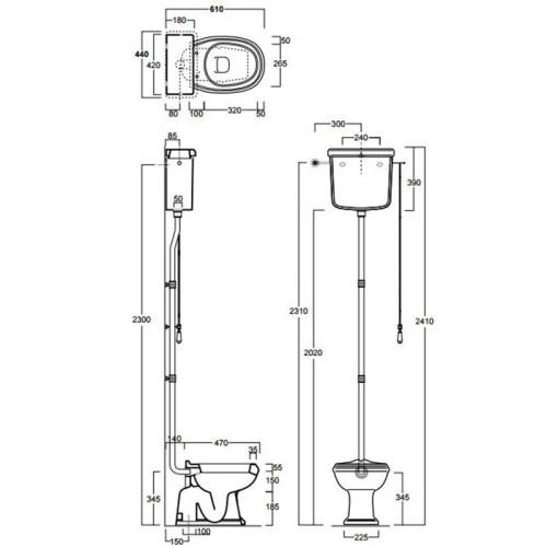 Унитаз SIMAS ARCADE с бачком на высокой трубе слив в пол цвет белый/золото AR801+AR802+R01ORO