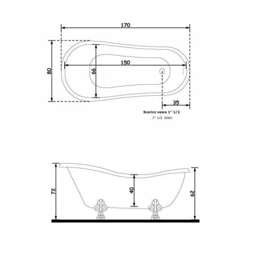 Ванна GALASSIA ETHOS 8497 BR напольная отдельностоящая цвет черный глянцевый с ножками цвет бронза