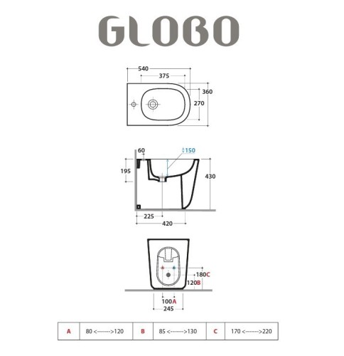 Биде GLOBO LALITA Напольное приставное с одним отверстием цвет белый LT009BI