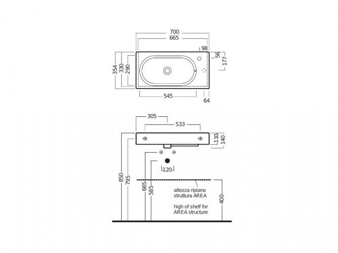 Раковина HATRIA AREA Y0W901 подвесная или на тумбу с одним отверстием с переливом цвет белый