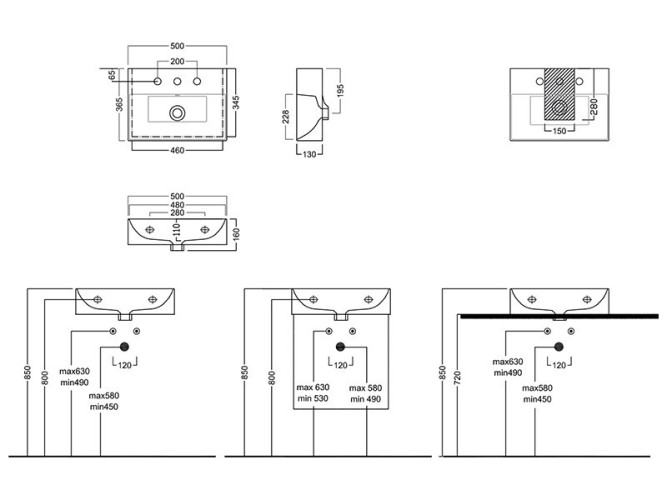 Раковина HATRIA Bahia_13 BH0500365011TS0 подвесная или на тумбу с одним отверстием с переливом цвет белый
