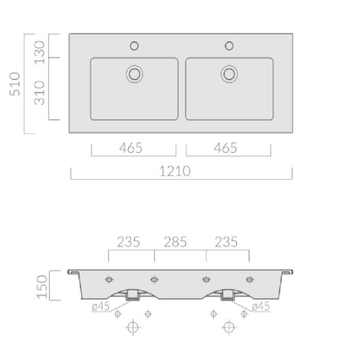 Раковина GALASSIA PLUS DESIGN 2044 двойная подвесная или встраиваемая сверху с двумя отверстиями с переливом цвет белый глянцевый