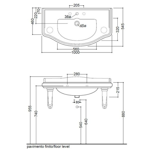 Раковина KERASAN подвесная с переливом с тремя отверстиями цвет белый 105001*1